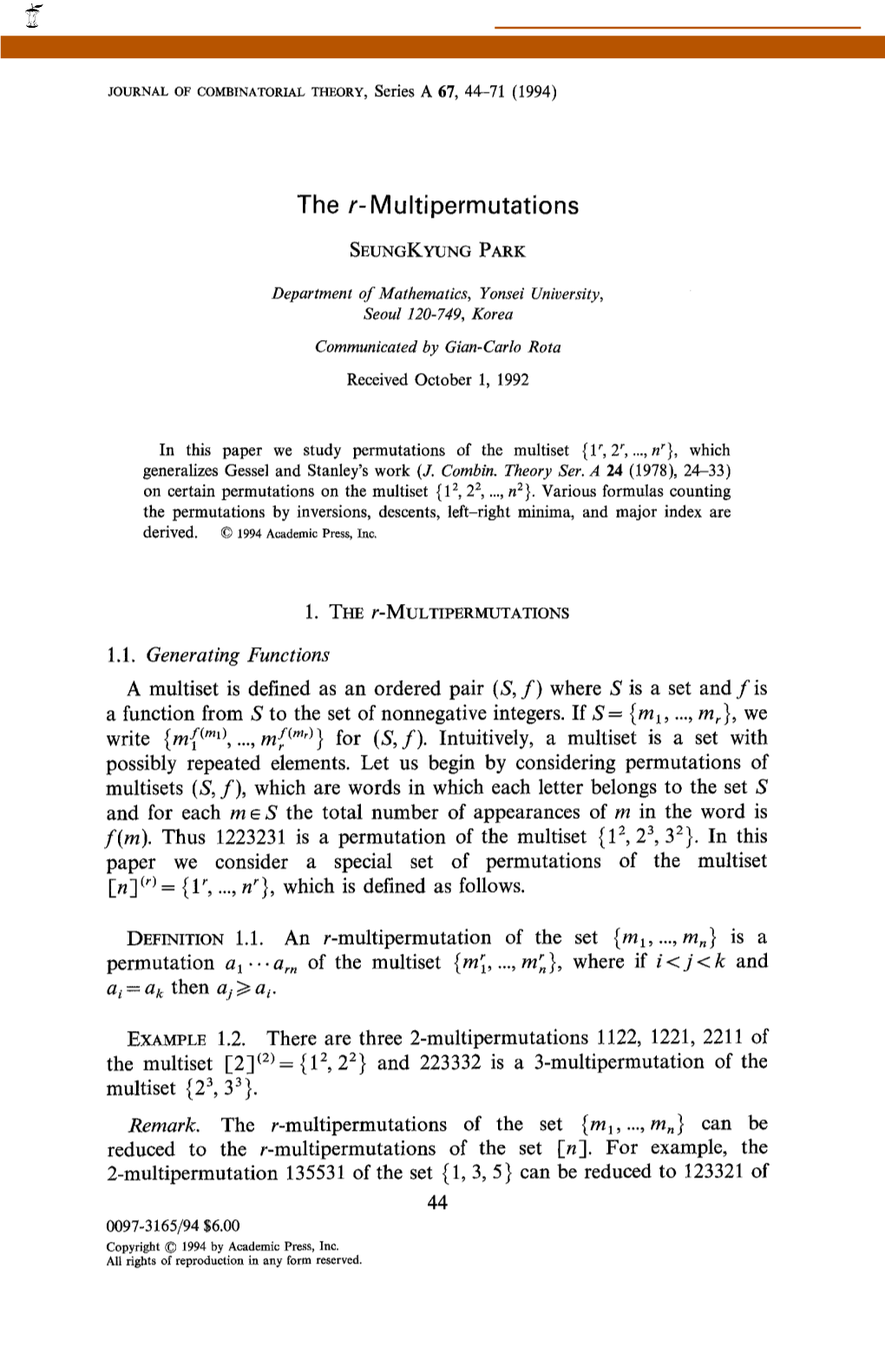 Multipermutations 1.1. Generating Functions