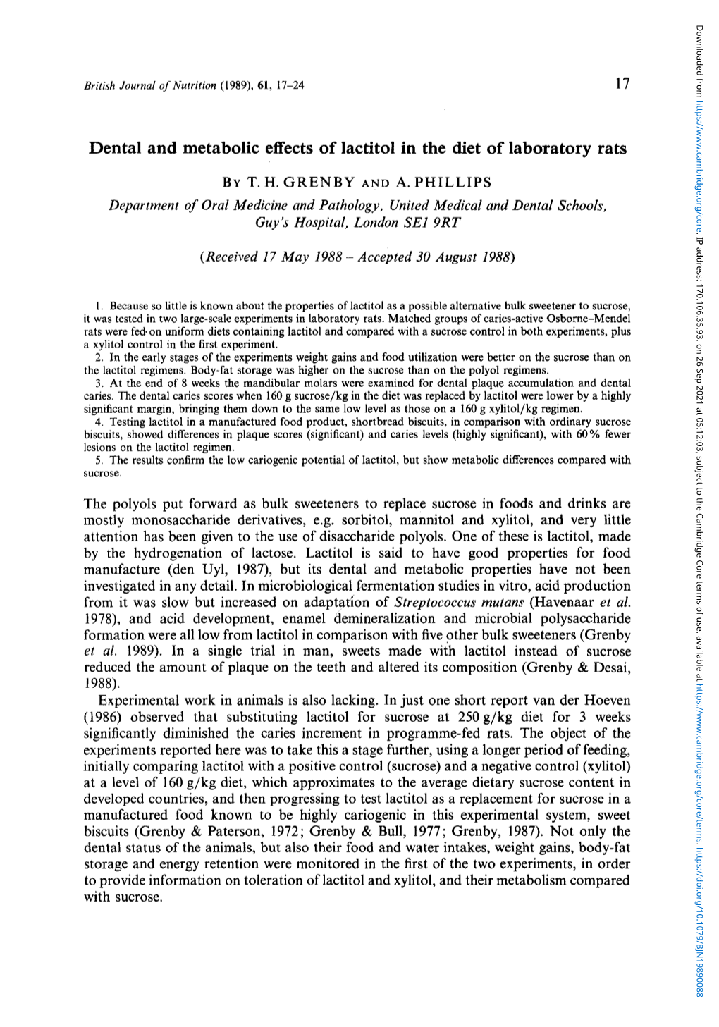 Dental and Metabolic Effects of Lactitol in the Diet of Laboratory Rats