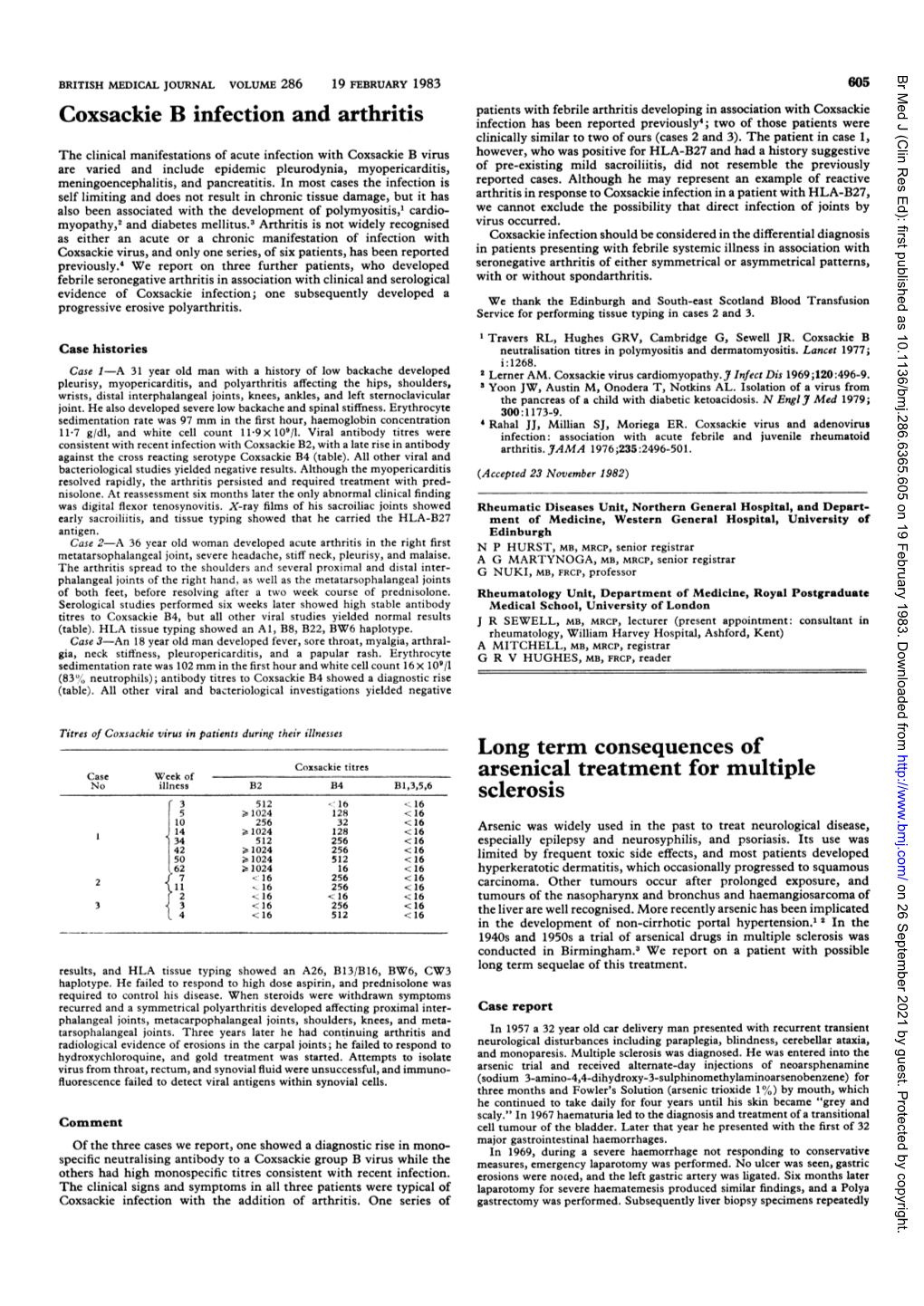 Coxsackie B Infection and Arthritis Arsenical Treatment for Multiple