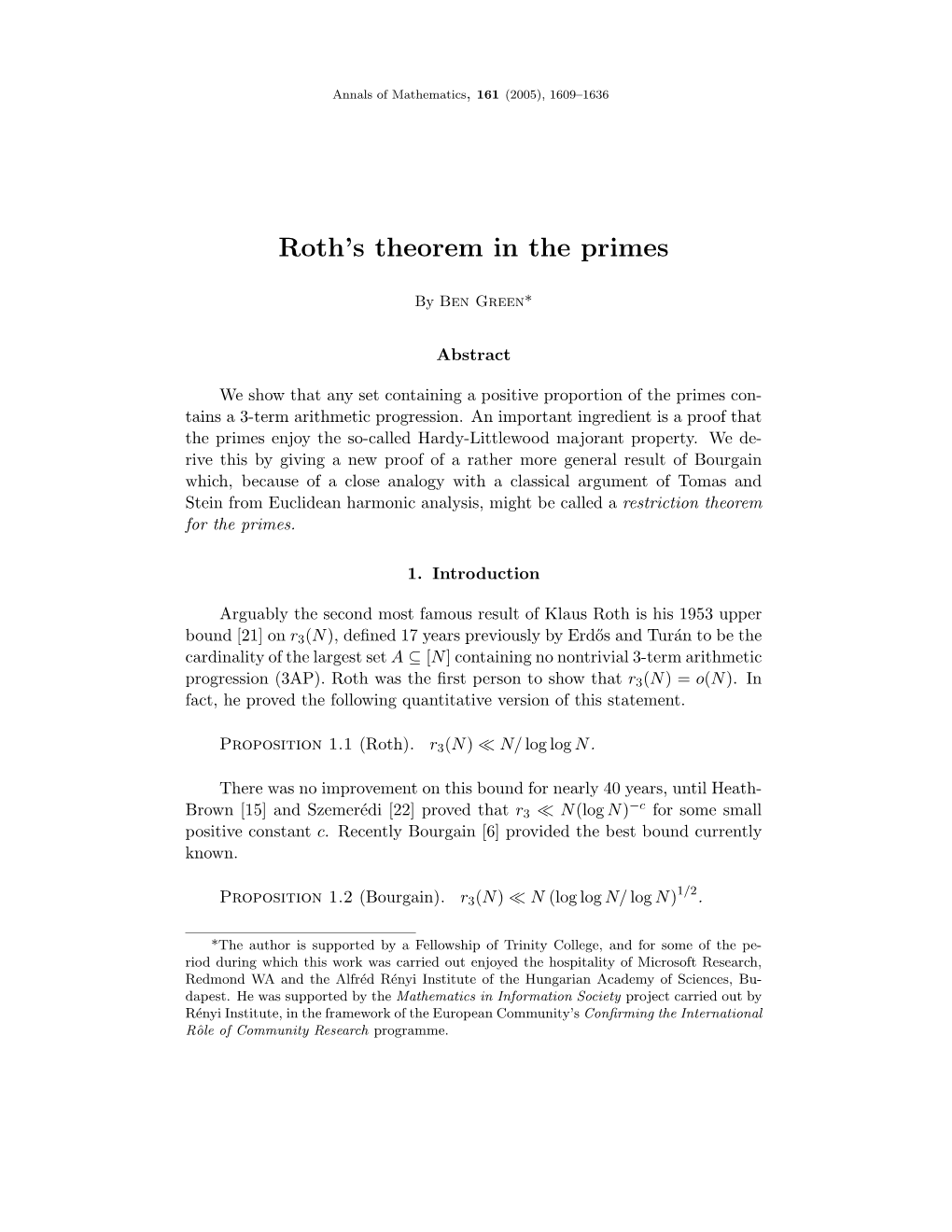 Roth's Theorem in the Primes