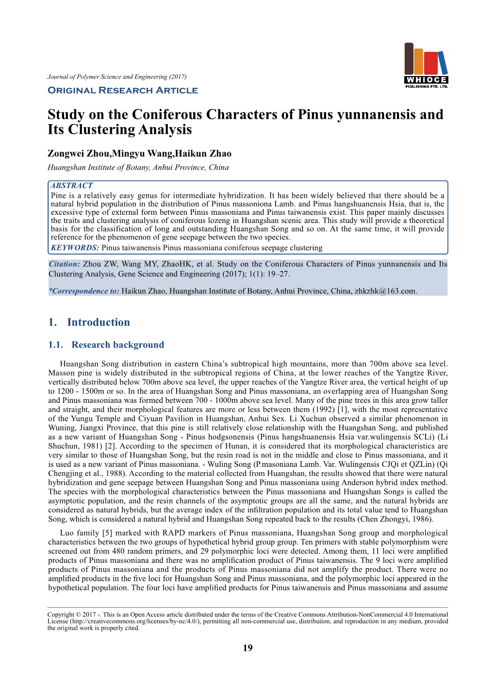 Study on the Coniferous Characters of Pinus Yunnanensis and Its Clustering Analysis