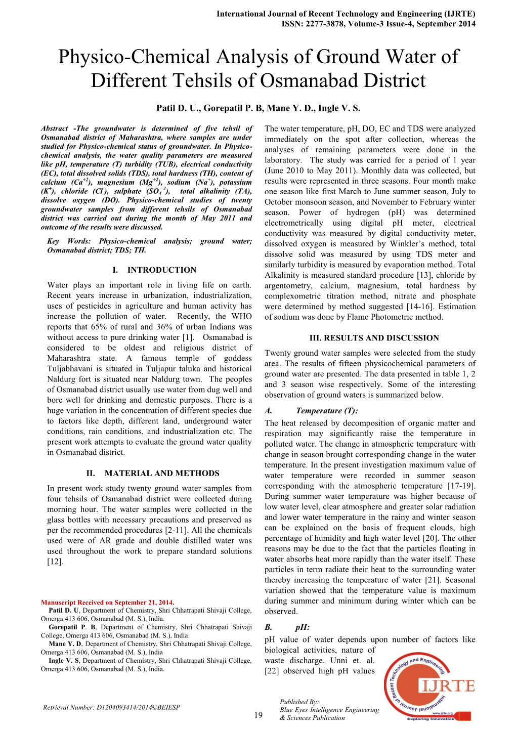 Physico-Chemical Analysis of Ground Water of Different Tehsils of Osmanabad District