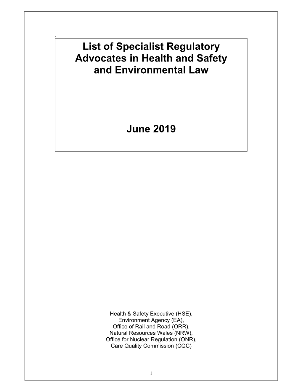 List of Specialist Regulatory Advocates in Health and Safety and Environmental Law