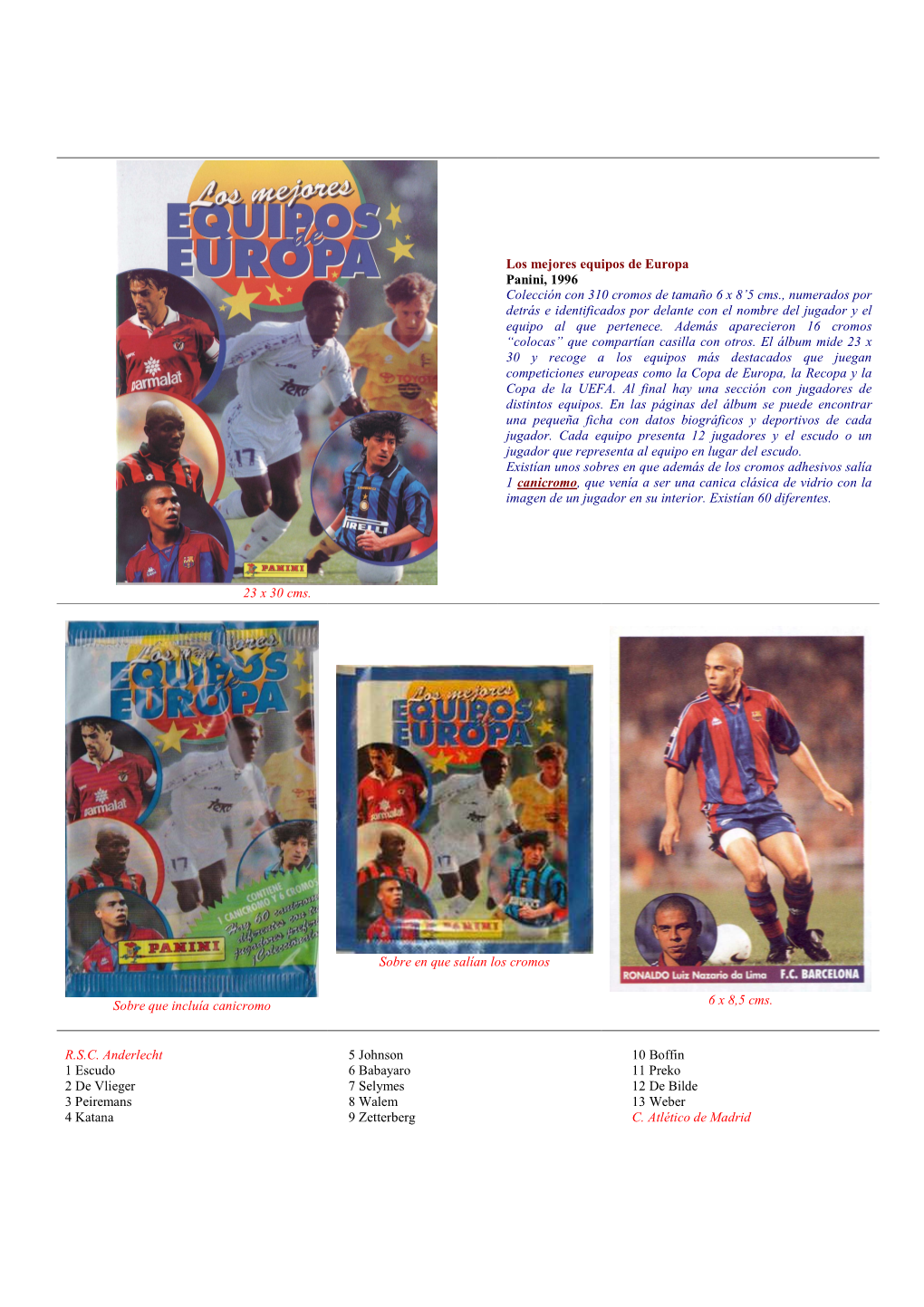 23 X 30 Cms. Los Mejores Equipos De Europa Panini, 1996 Colección Con