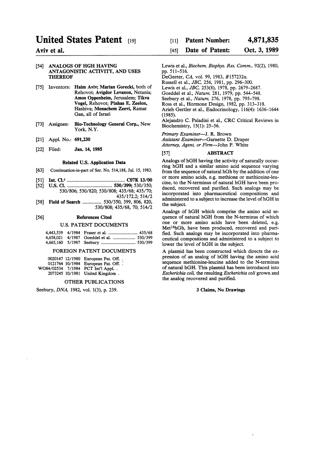 United States Patent (19) 11 Patent Number: 4,871,835 Aviv Et Al