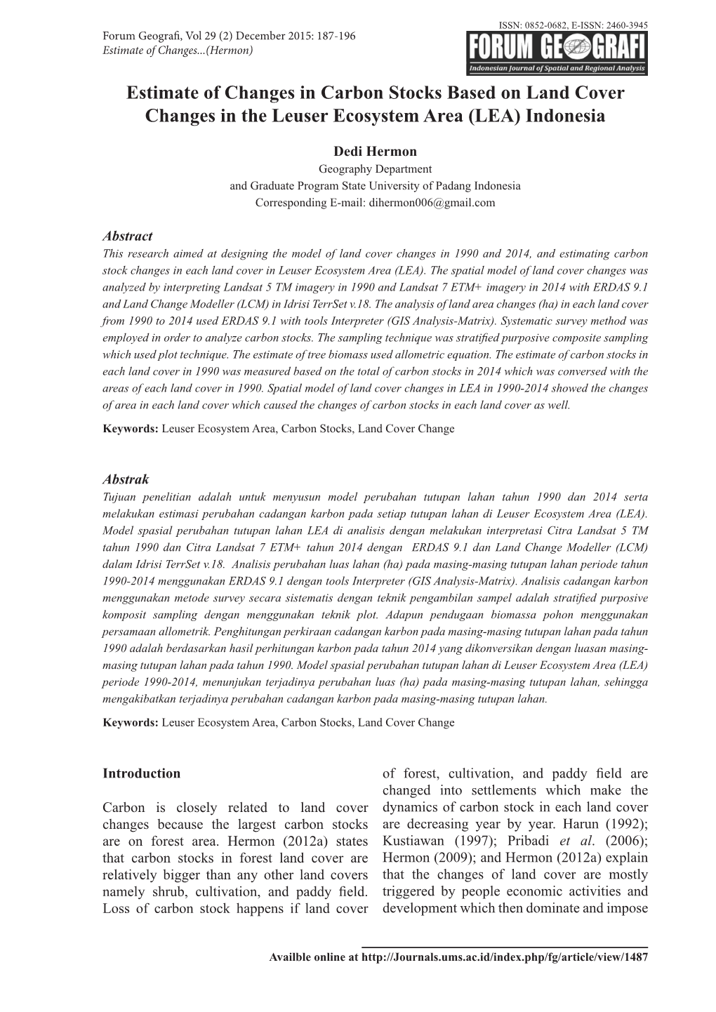 Estimate of Changes in Carbon Stocks Based on Land Cover Changes in the Leuser Ecosystem Area (LEA) Indonesia