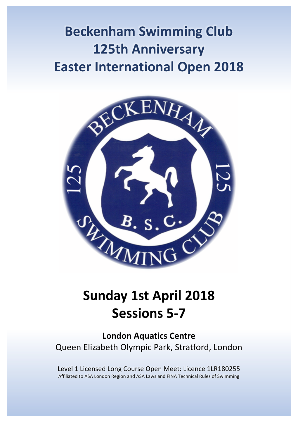 Beckenham Swimming Club 125Th Anniversary Easter International Open 2018