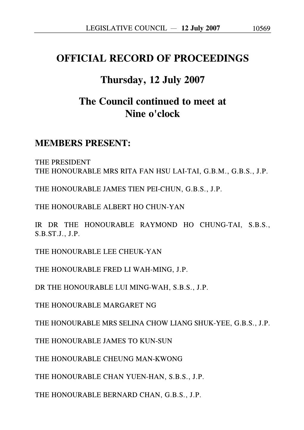 OFFICIAL RECORD of PROCEEDINGS Thursday, 12 July