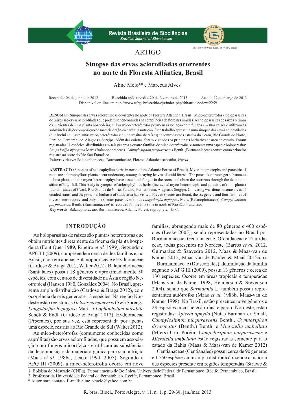 ARTIGO Sinopse Das Ervas Aclorofiladas Ocorrentes No Norte Da Floresta Atlântica, Brasil