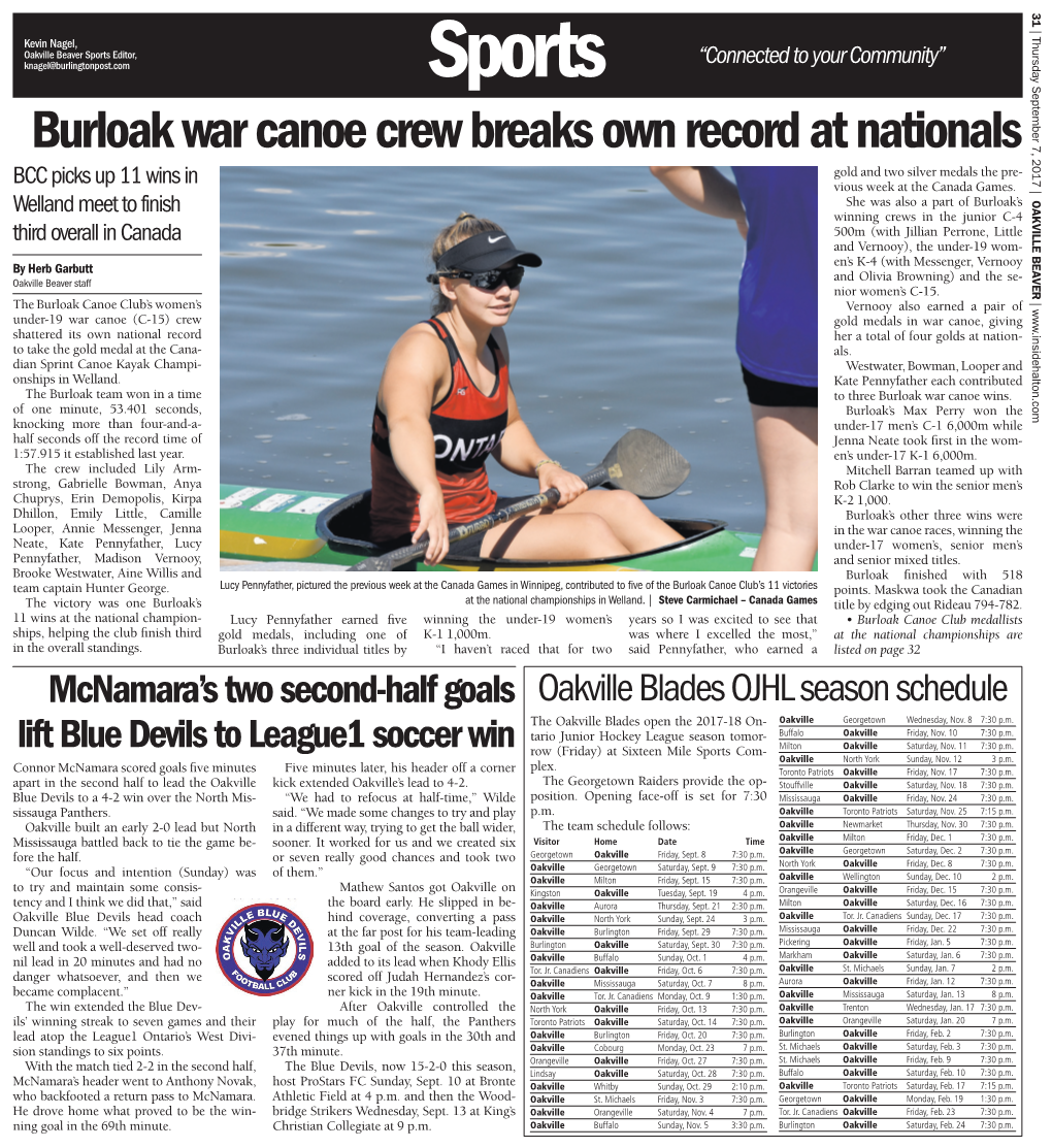 Burloak War Canoe Crew Breaks Own Record at Nationals Gold and Two Silver Medals the Pre- BCC Picks up 11 Wins in Vious Week at the Canada Games