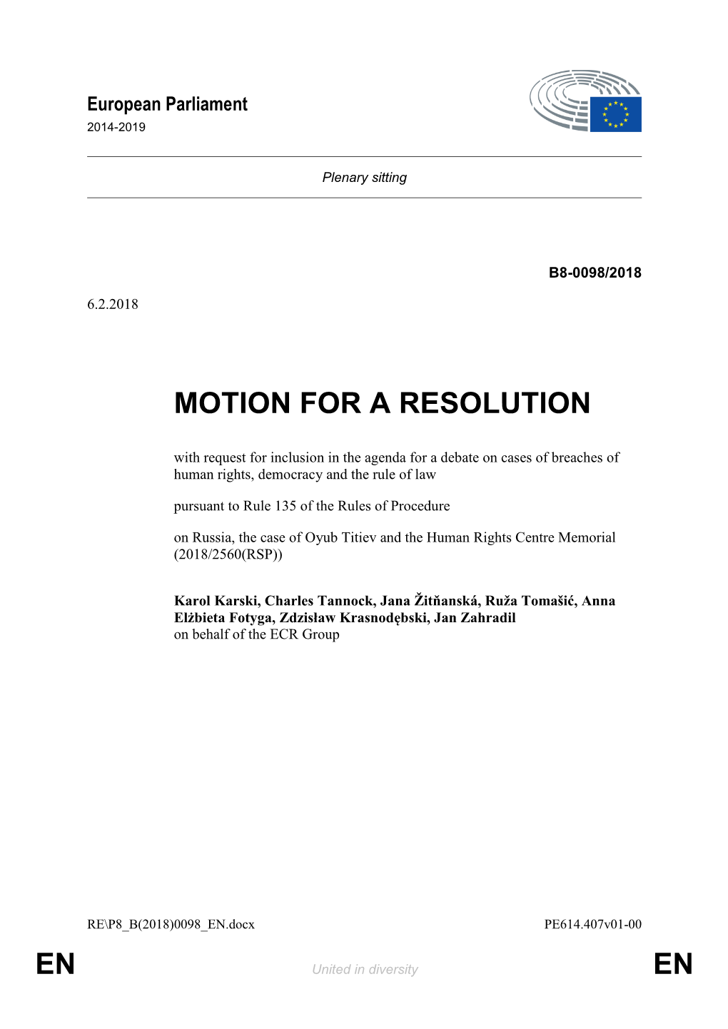 En En Motion for a Resolution