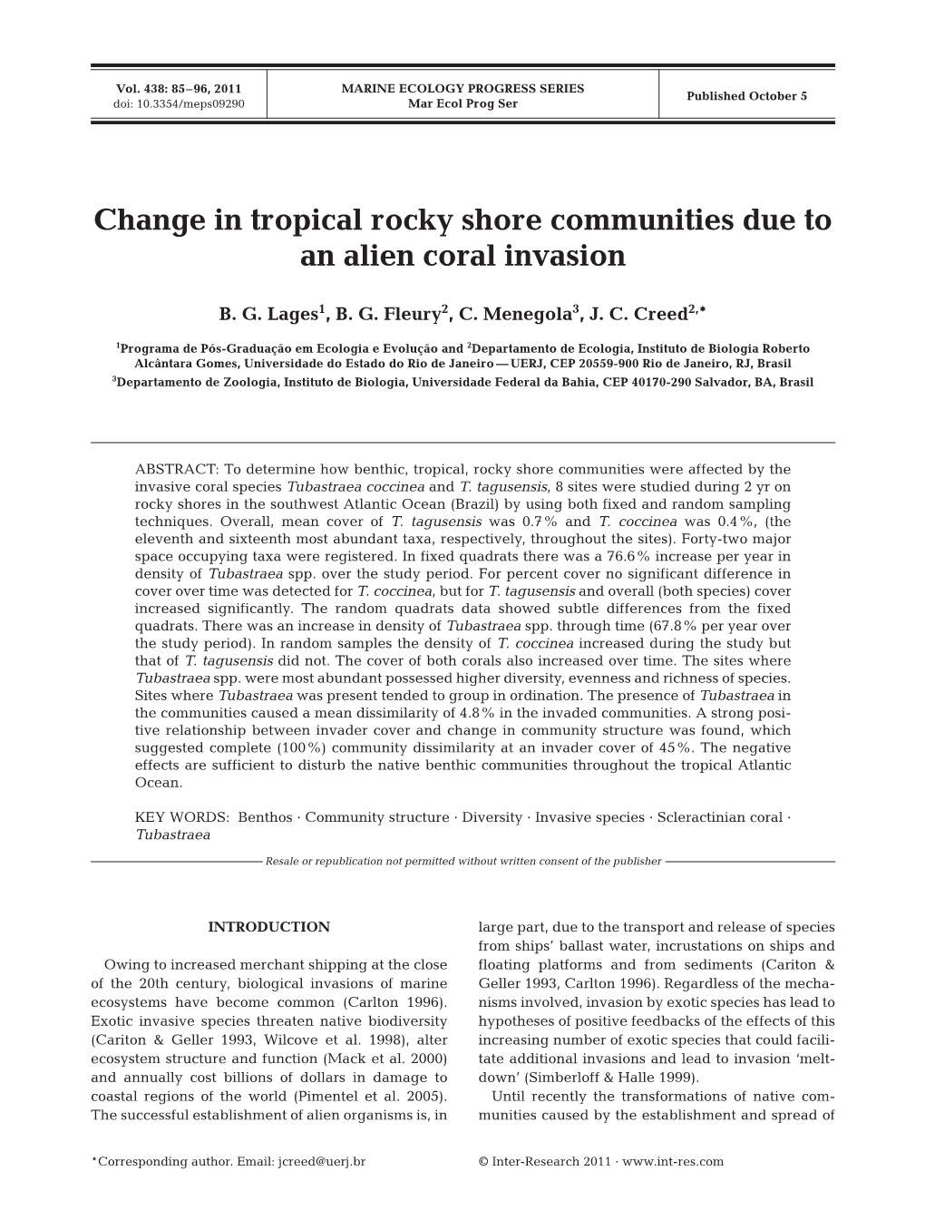 Change in Tropical Rocky Shore Communities Due to an Alien Coral Invasion