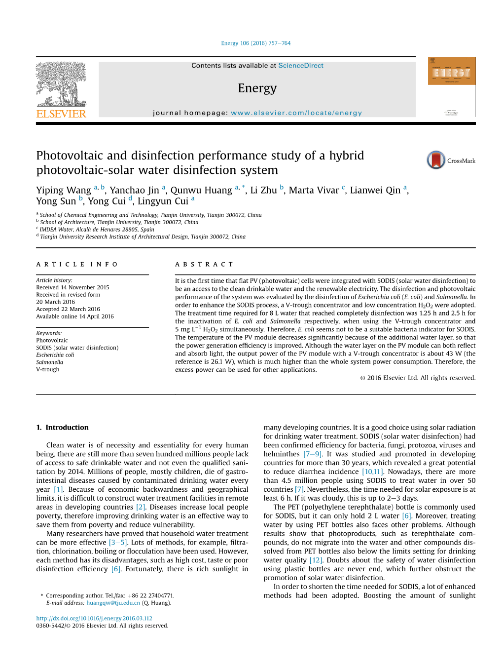 Photovoltaic and Disinfection Performance Study of a Hybrid Photovoltaic-Solar Water Disinfection System