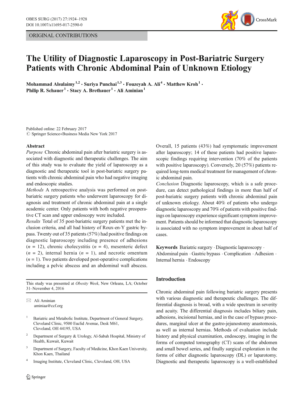 The Utility of Diagnostic Laparoscopy in Post-Bariatric Surgery Patients with Chronic Abdominal Pain of Unknown Etiology