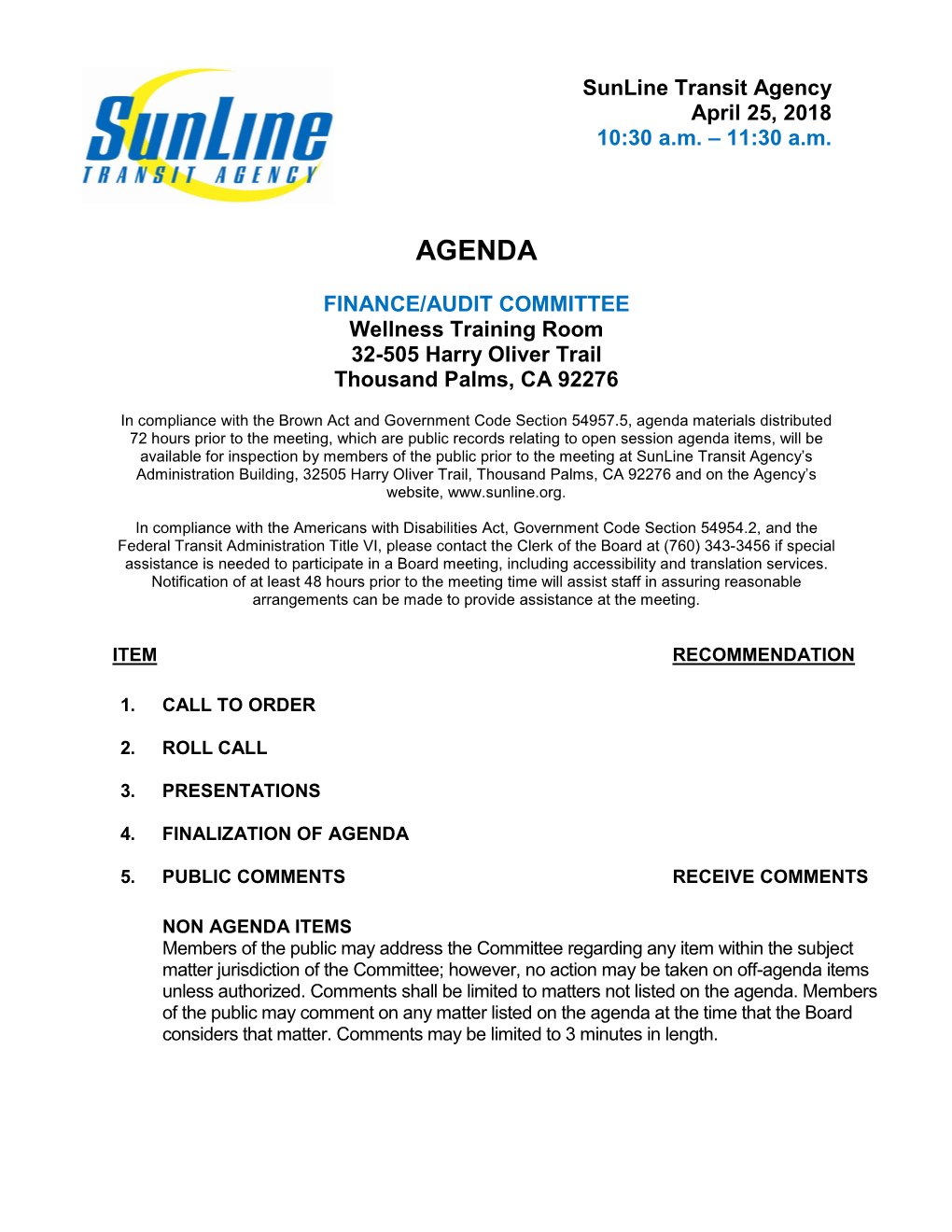 Sunline Transit Agency Finance & Audit Committee Agenda for 25