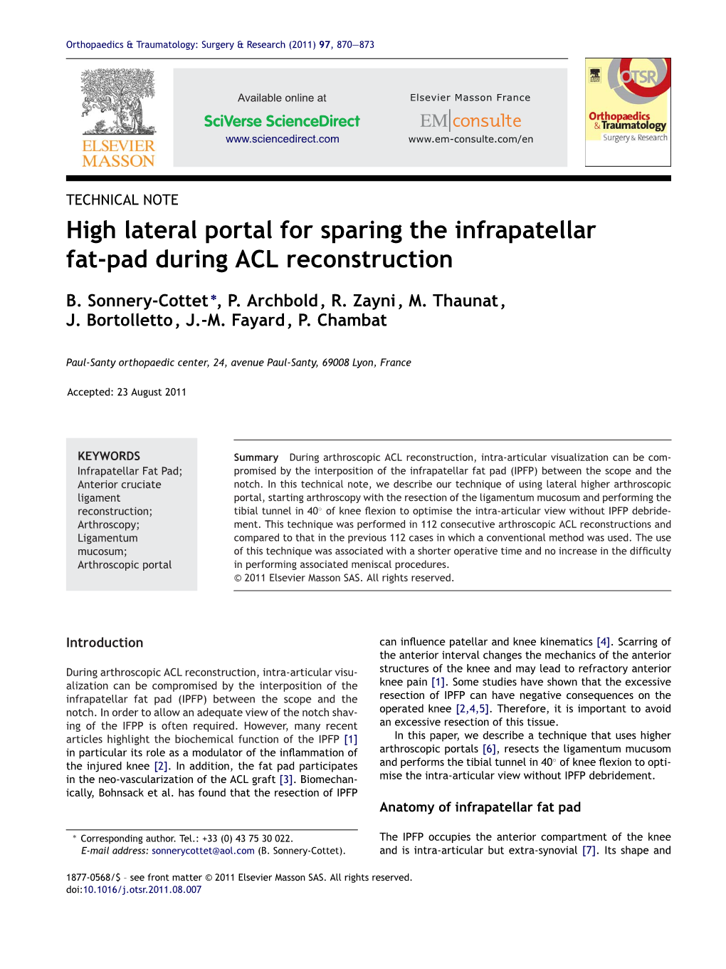 High Lateral Portal for Sparing the Infrapatellar Fat-Pad During ACL Reconstruction
