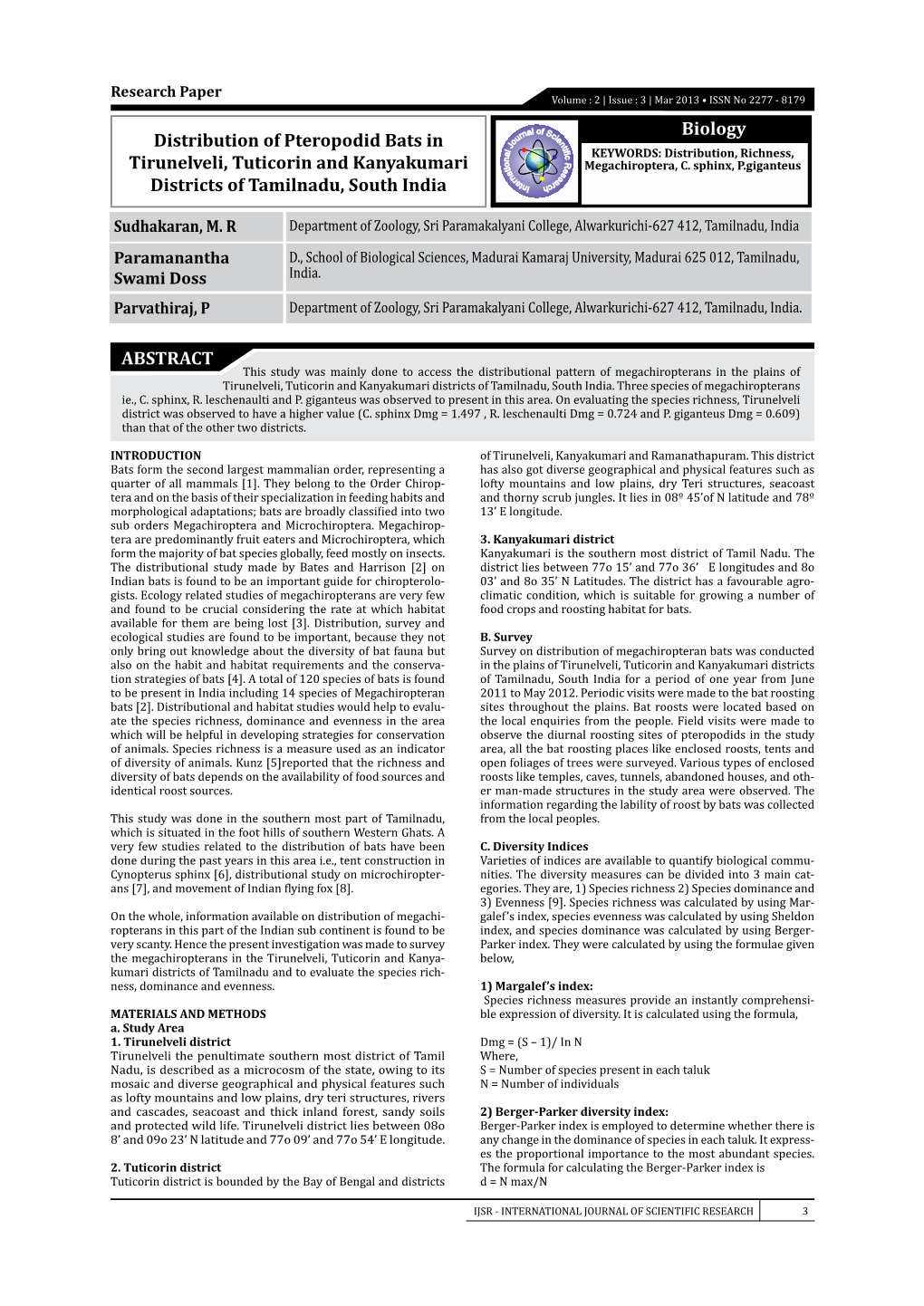 Biology ABSTRACT Distribution of Pteropodid Bats in Tirunelveli