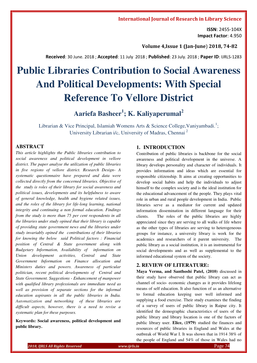 Public Libraries Contribution to Social Awareness and Political Developments: with Special Reference to Vellore District