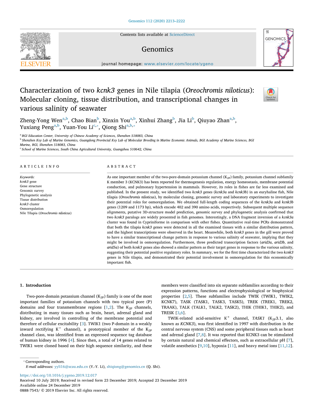 Oreochromis Niloticus): Molecular Cloning, Tissue Distribution, and Transcriptional Changes in T Various Salinity of Seawater