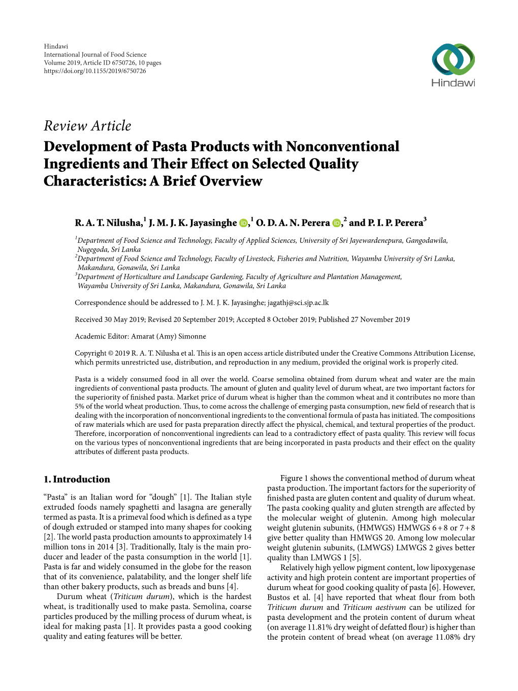 Review Article Development of Pasta Products with Nonconventional Ingredients and Their Effect on Selected Quality Characteristics: a Brief Overview