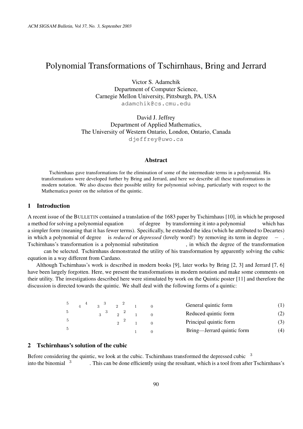 Polynomial Transformations of Tschirnhaus, Bring and Jerrard