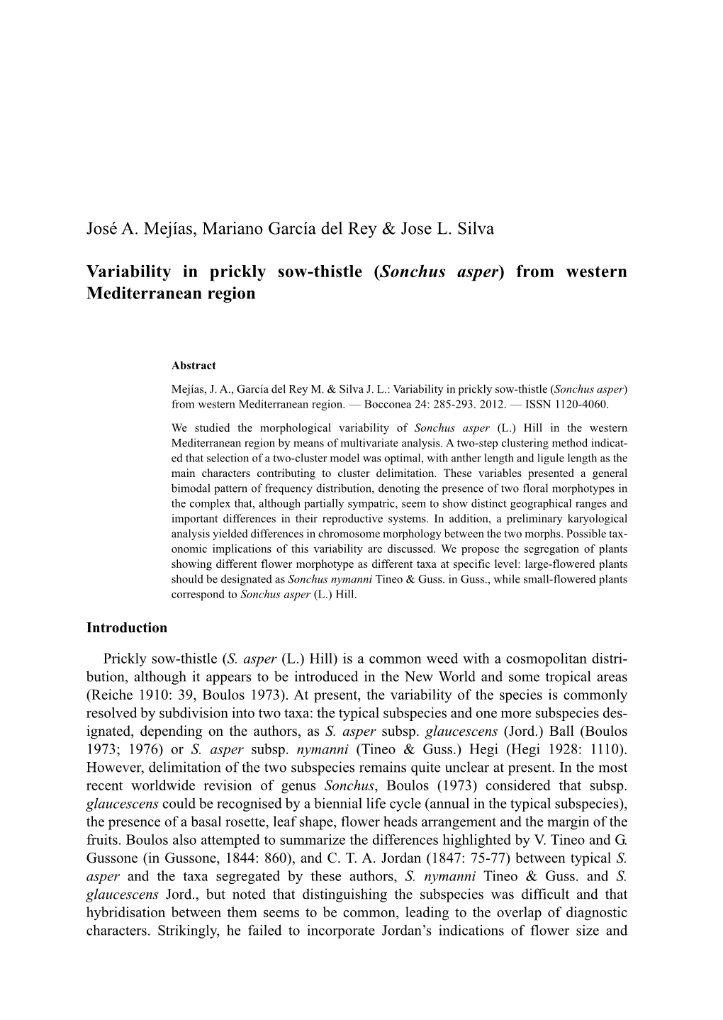 José A. Mejías, Mariano García Del Rey & Jose L. Silva Variability in Prickly Sow-Thistle (Sonchus Asper) from Western Me