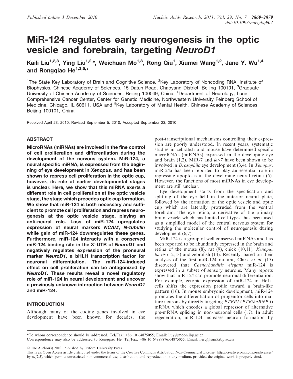 Mir-124 Regulates Early Neurogenesis in the Optic Vesicle and Forebrain, Targeting Neurod1