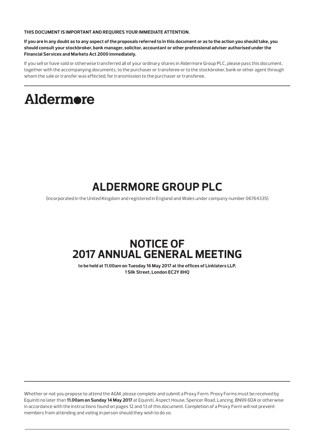 Aldermore Group PLC Notice of 2017 Annual General Meeting