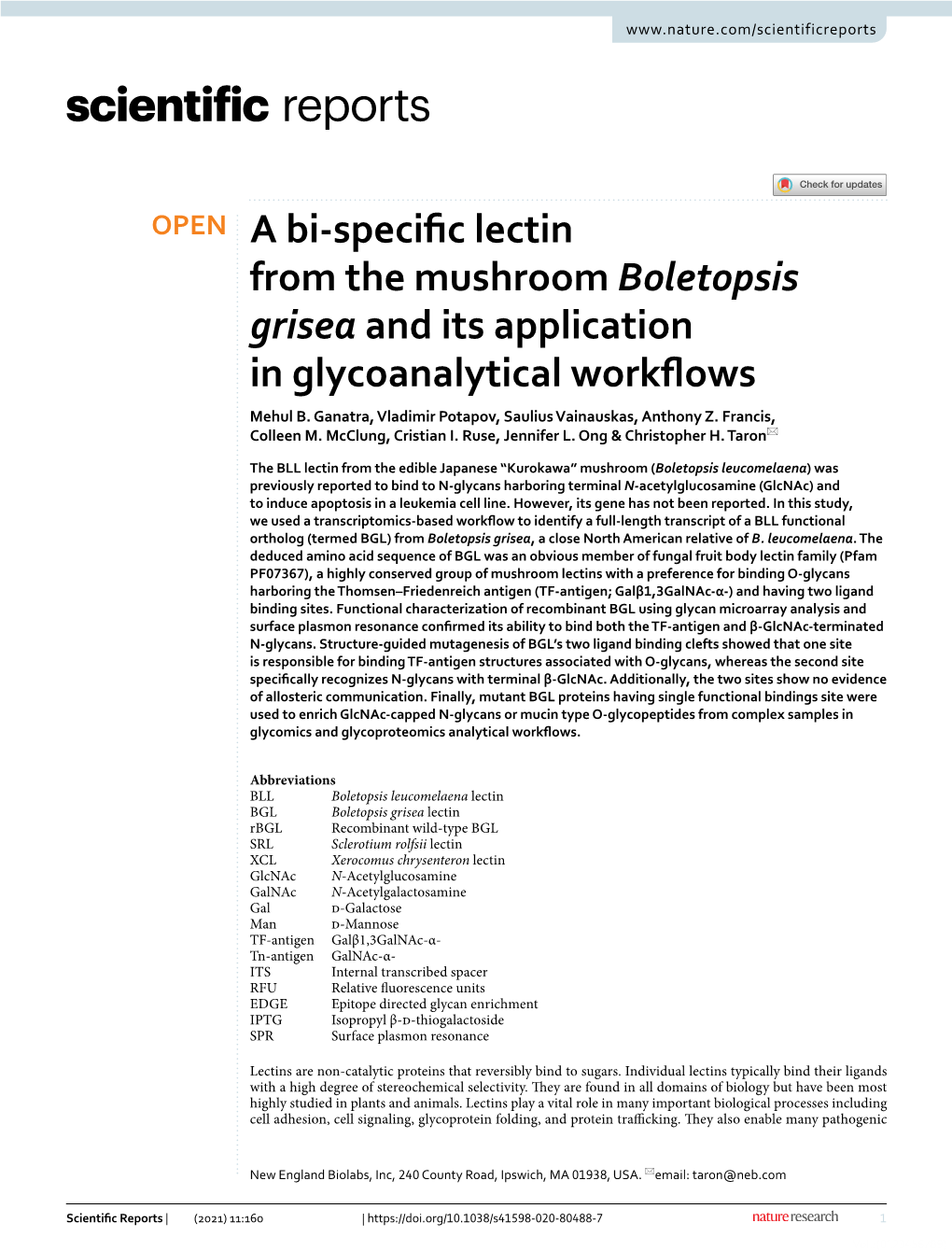 A Bi-Specific Lectin from the Mushroom Boletopsis Grisea and Its