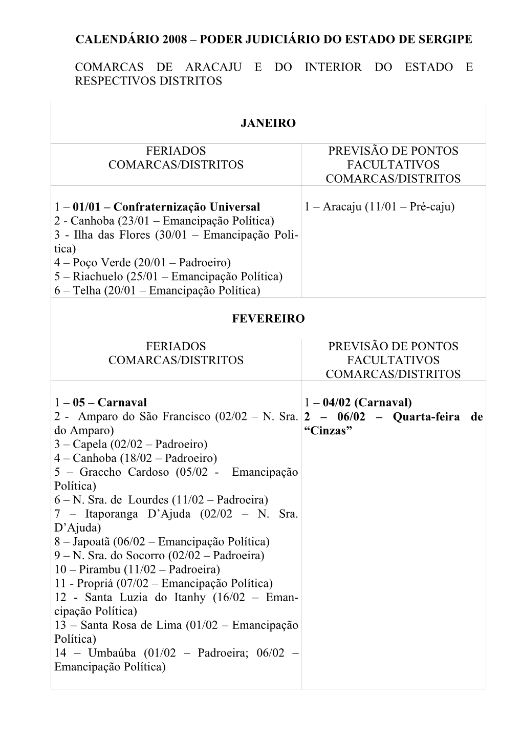 Calendário 2008 – Poder Judiciário Do Estado De Sergipe