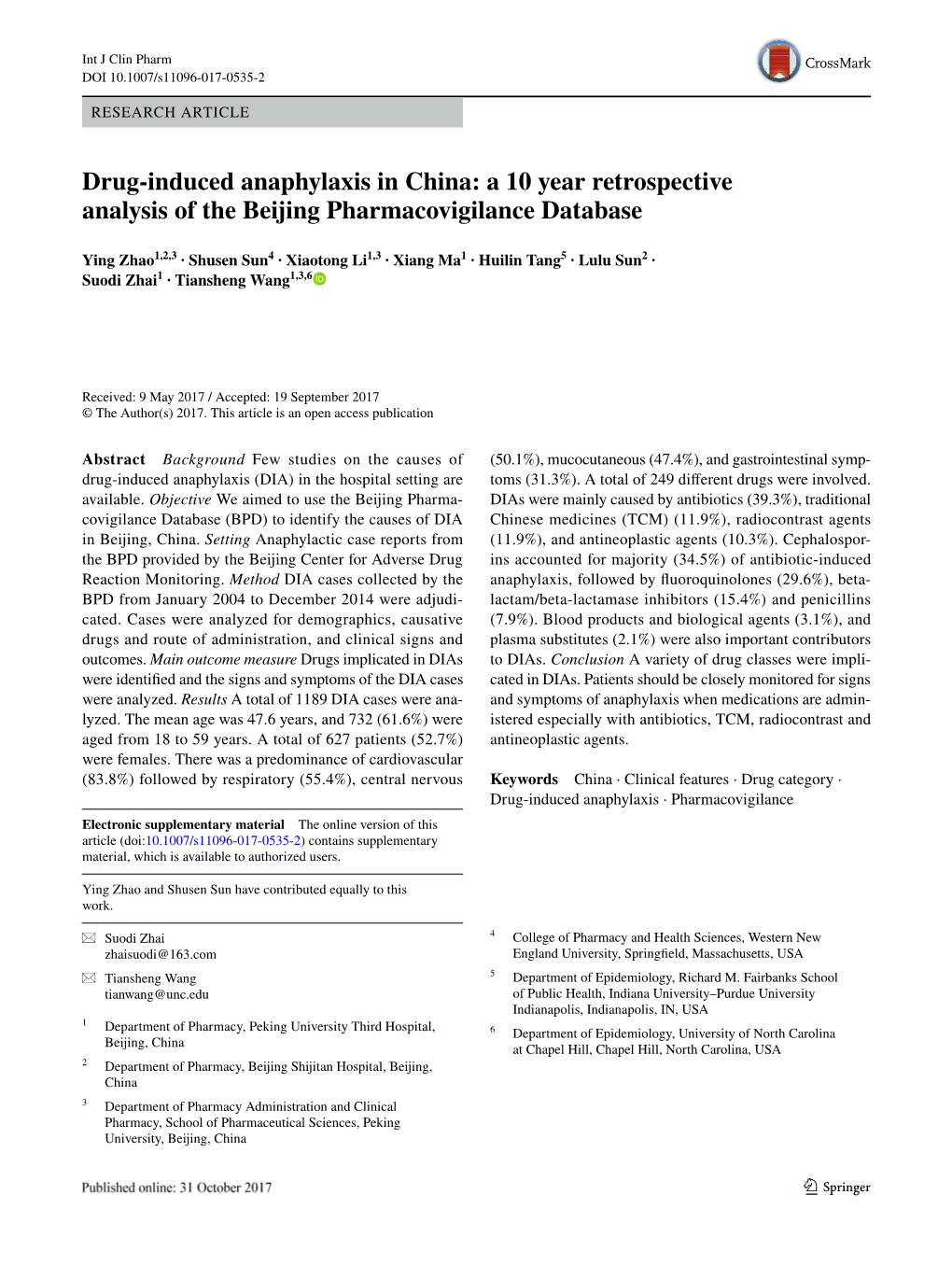 Drug-Induced Anaphylaxis in China: a 10 Year Retrospective Analysis of The