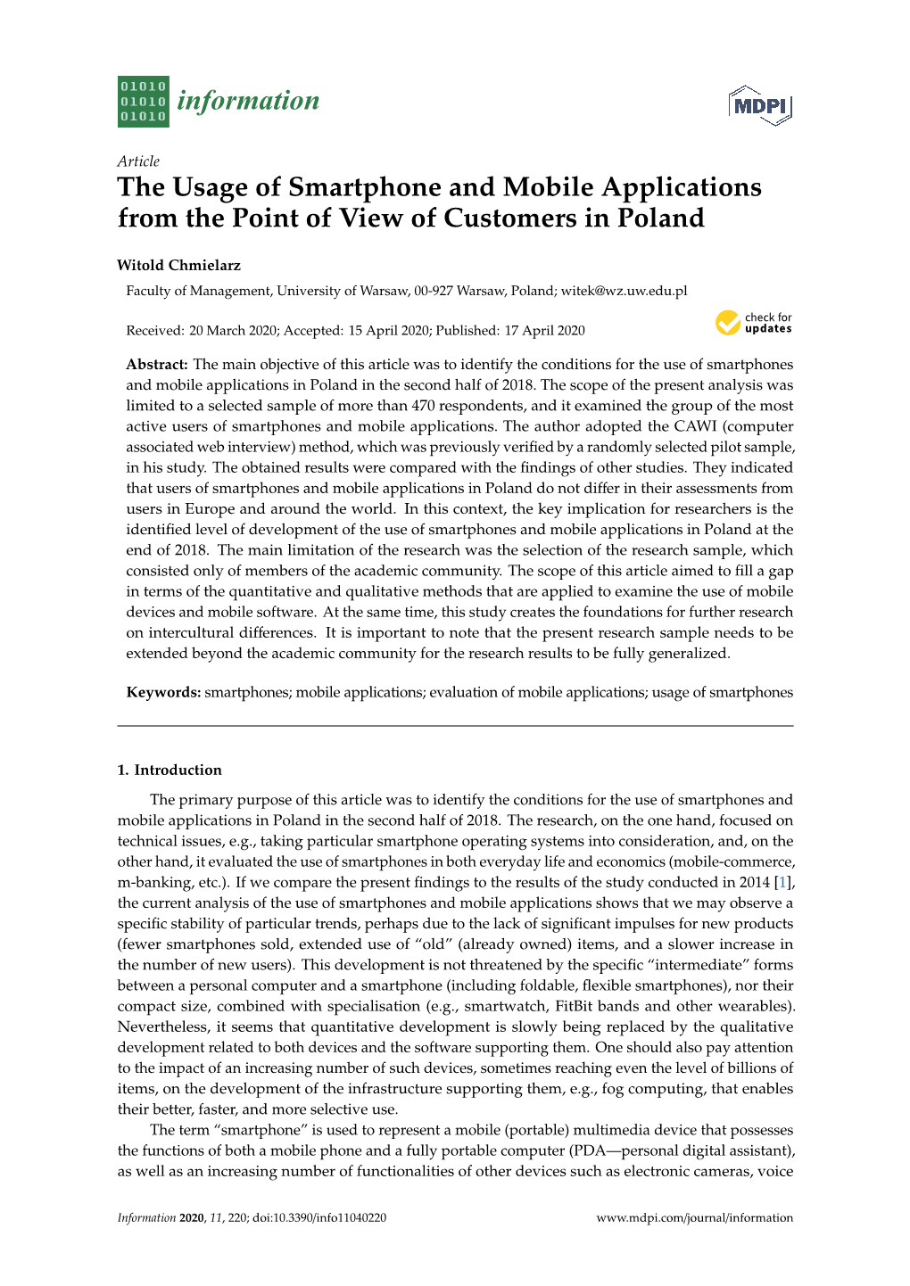 The Usage of Smartphone and Mobile Applications from the Point of View of Customers in Poland