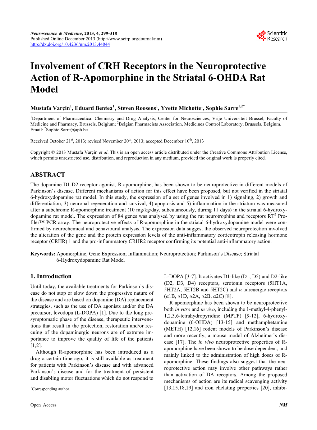 Involvement of CRH Receptors in the Neuroprotective Action of R-Apomorphine in the Striatal 6-OHDA Rat Model