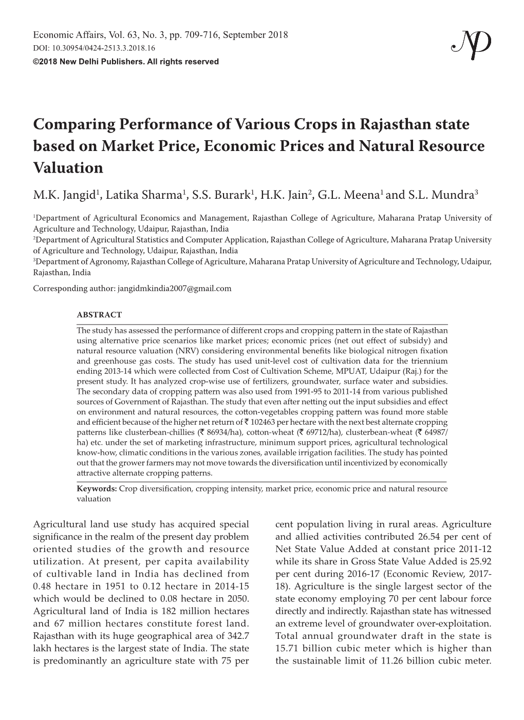 Comparing Performance of Various Crops in Rajasthan State Based on Market Price, Economic Prices and Natural Resource Valuation