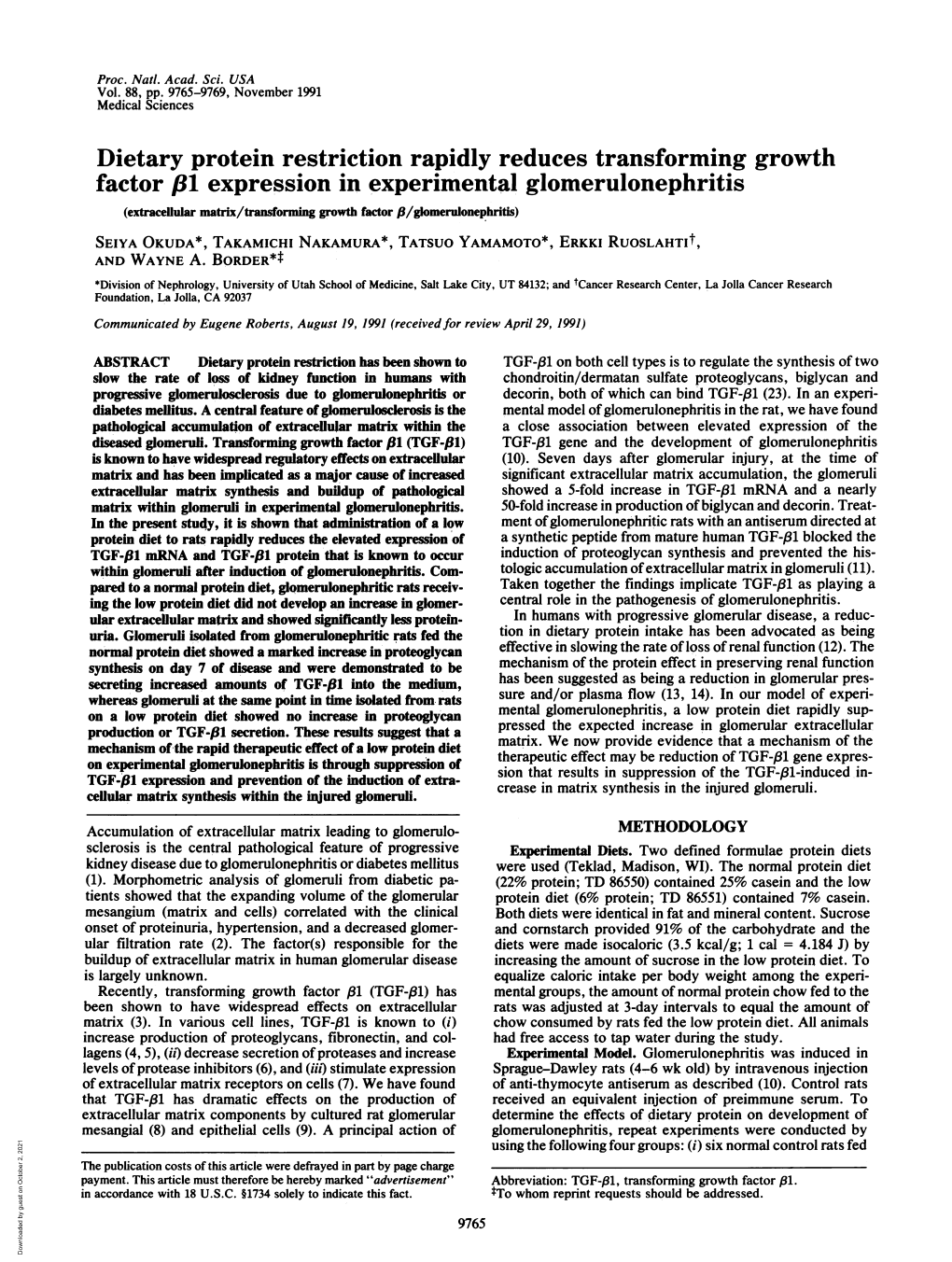 Dietary Protein Restriction Rapidly Reduces Transforming Growth Factor