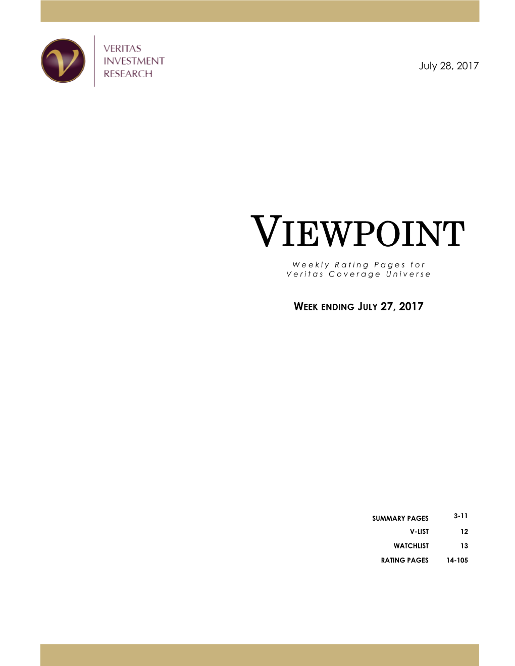 VIEWPOINT Weekly Rating Pages for Veritas Coverage Universe