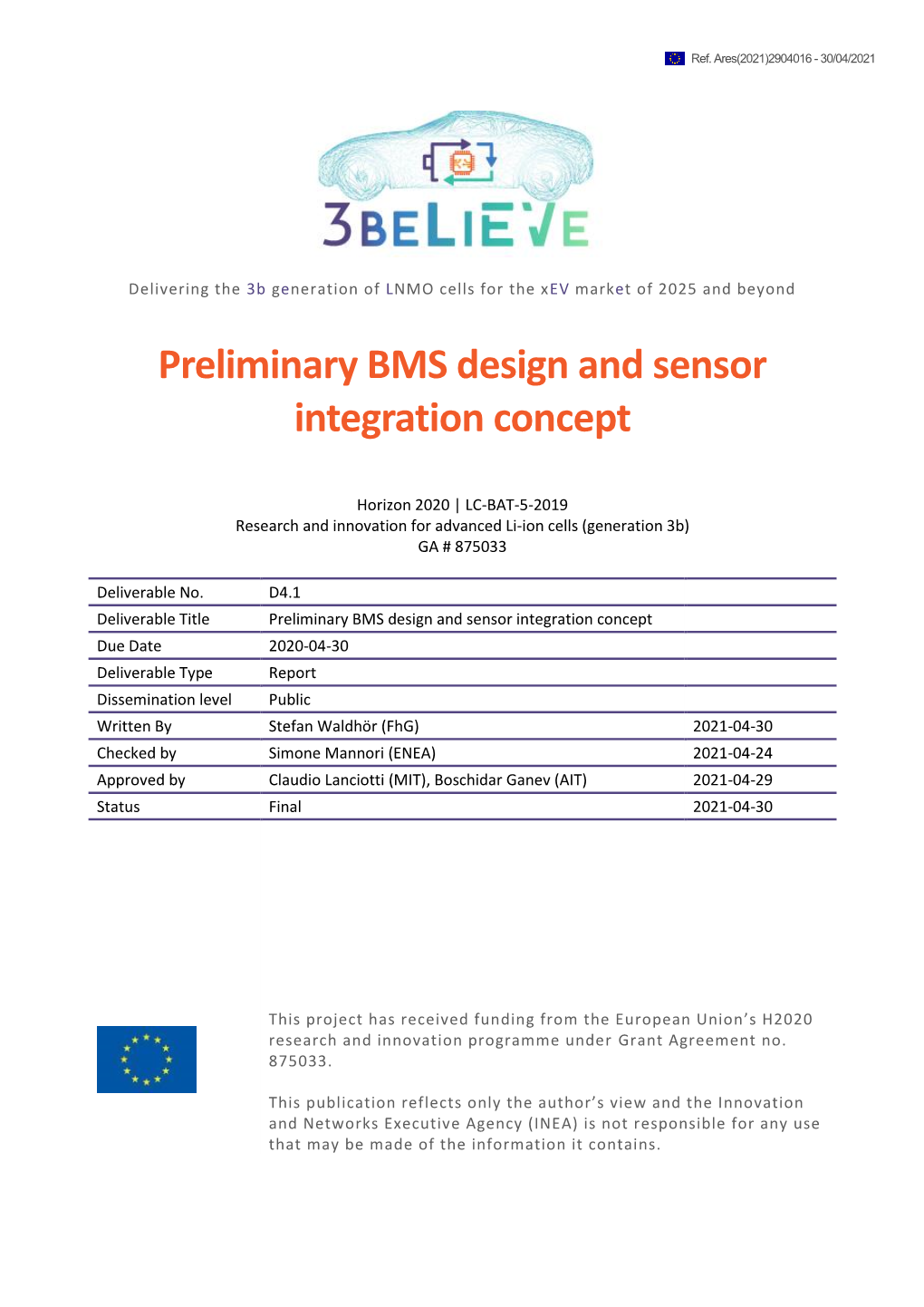 D4.1 Preliminary BMS Design and Sensor Integration Concept