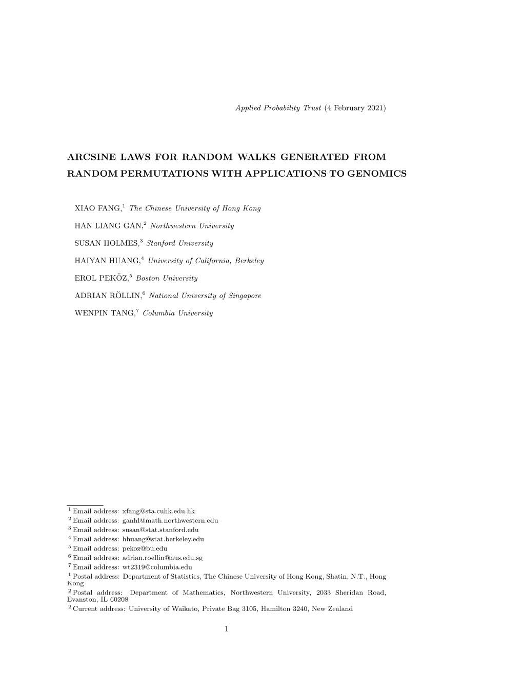 Arcsine Laws for Random Walks Generated from Random Permutations with Applications to Genomics