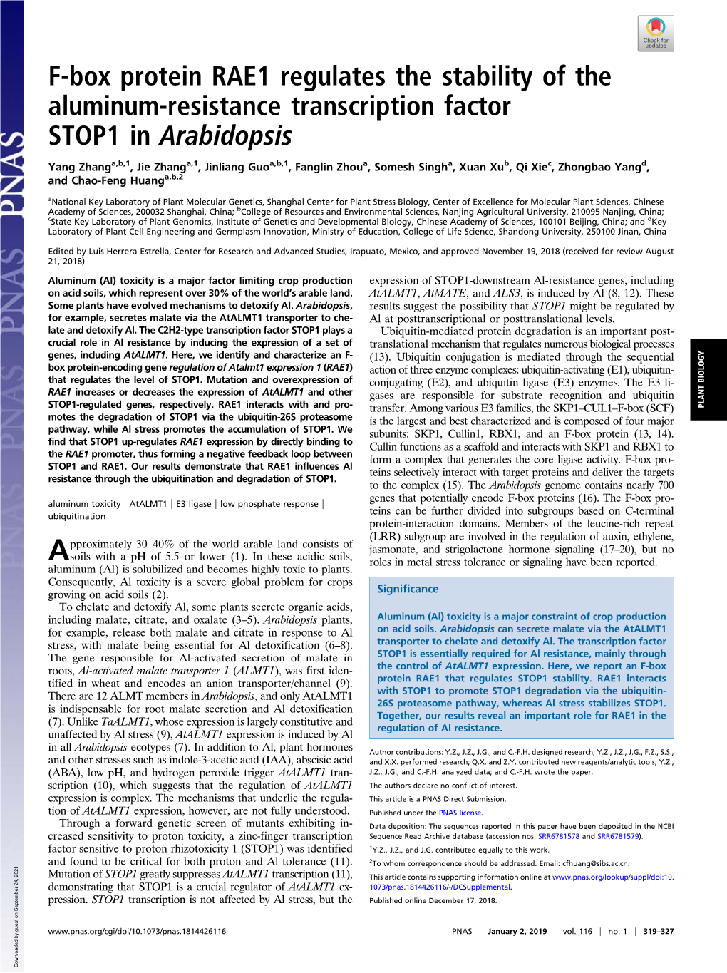 F-Box Protein RAE1 Regulates the Stability of the Aluminum-Resistance Transcription Factor STOP1 in Arabidopsis