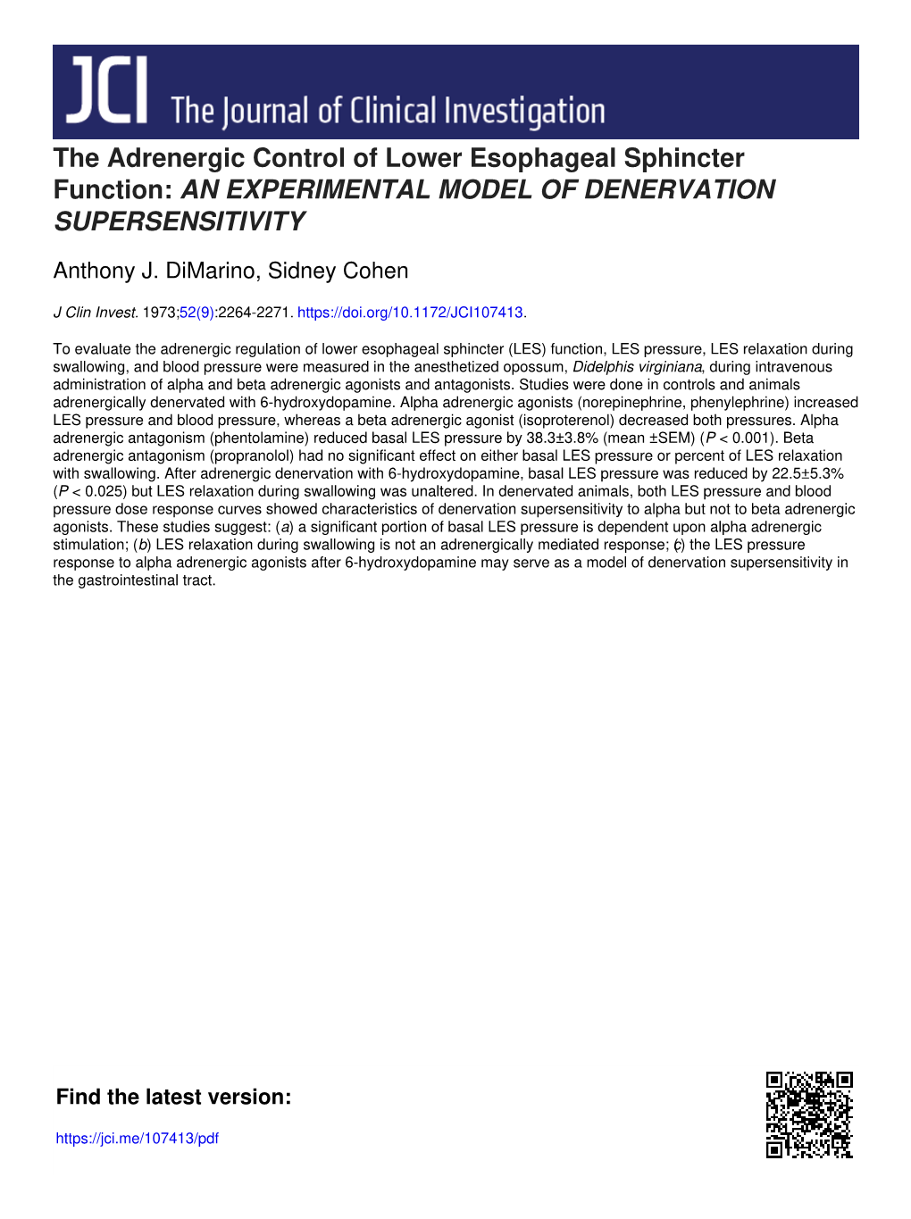 The Adrenergic Control of Lower Esophageal Sphincter Function: an EXPERIMENTAL MODEL of DENERVATION SUPERSENSITIVITY