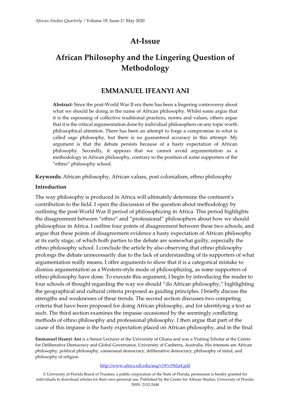 At-Issue African Philosophy and the Lingering Question of Methodology