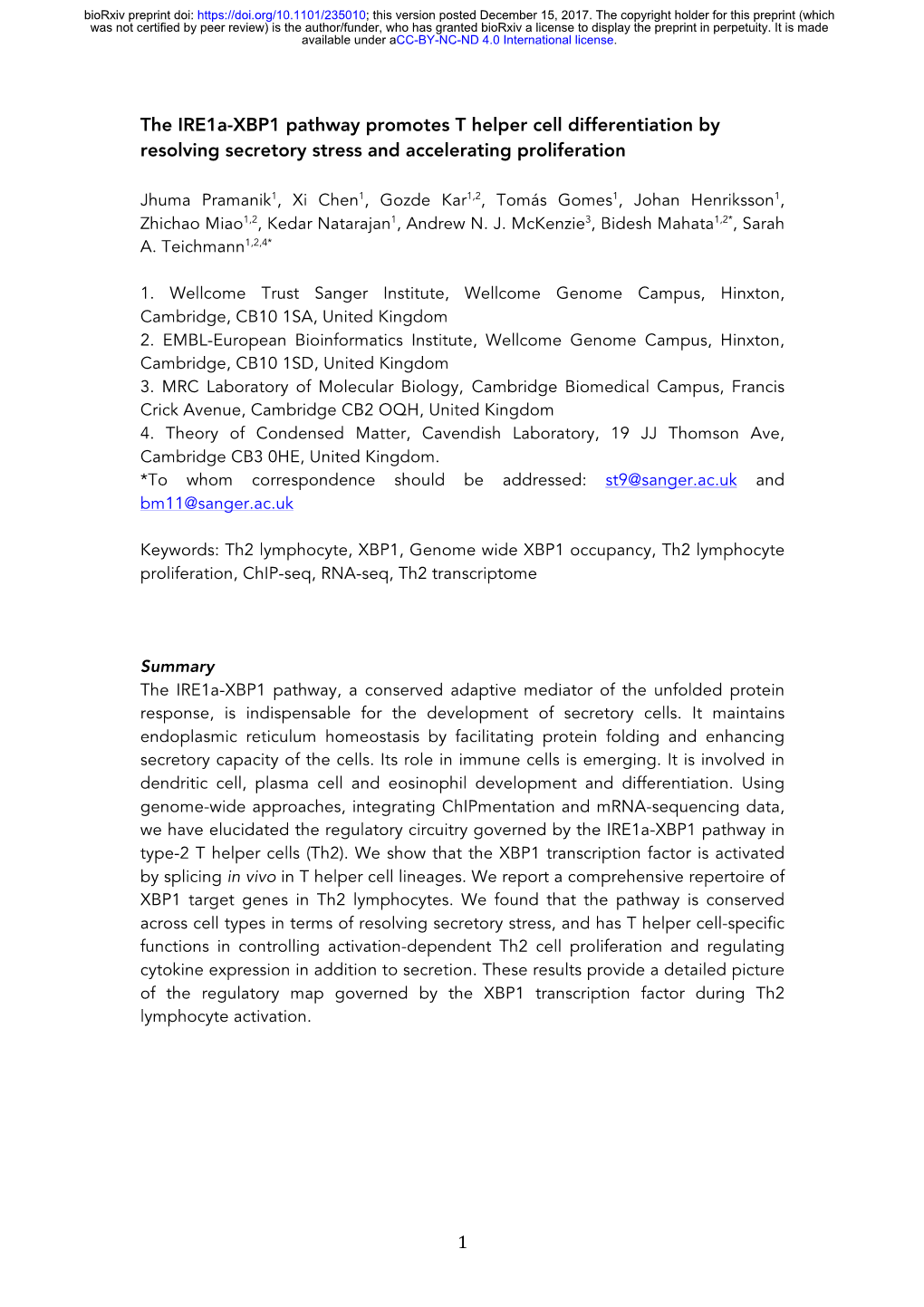 The Ire1a-XBP1 Pathway Promotes T Helper Cell Differentiation by Resolving Secretory Stress and Accelerating Proliferation