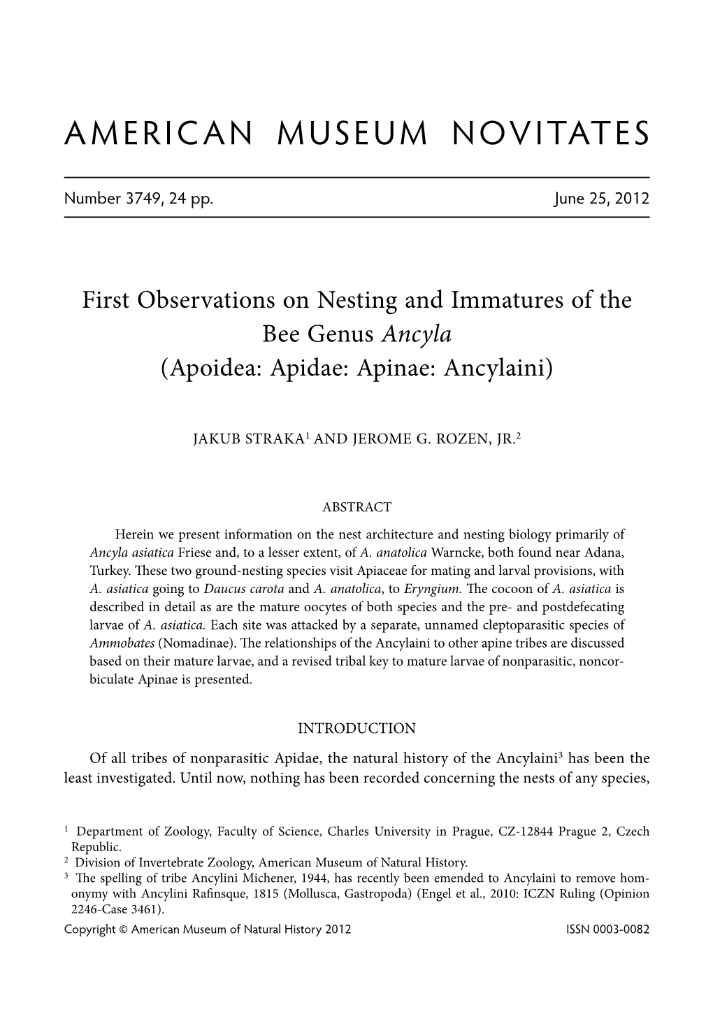 First Observations on Nesting and Immatures of the Bee Genus Ancyla (Apoidea: Apidae: Apinae: Ancylaini)