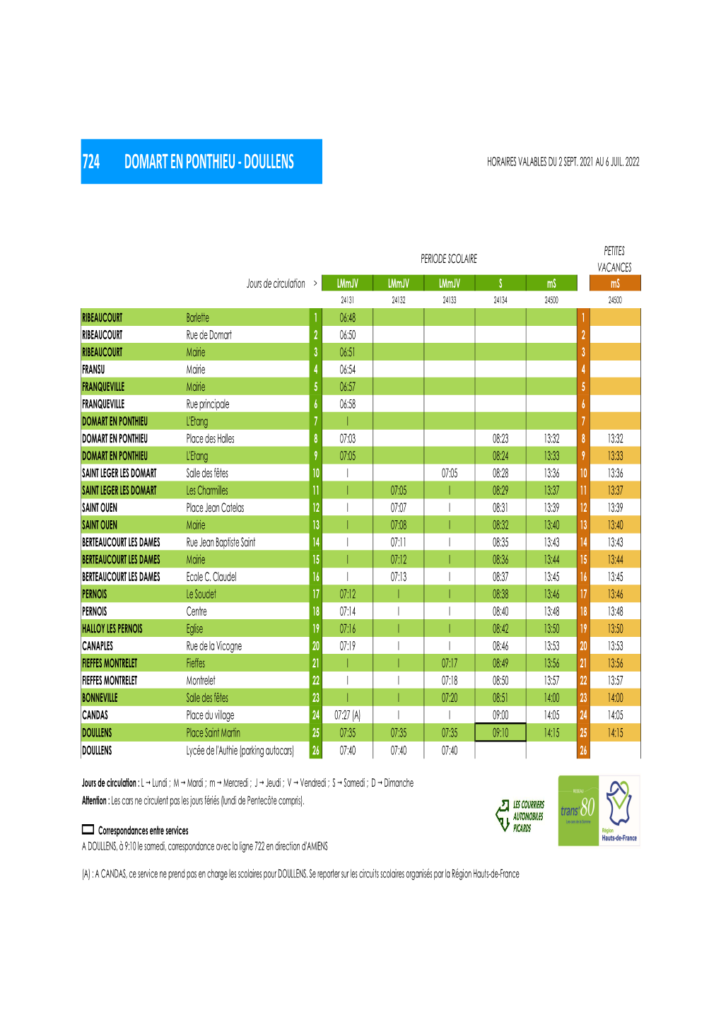 724 Domart En Ponthieu - Doullens Horaires Valables Du 2 Sept