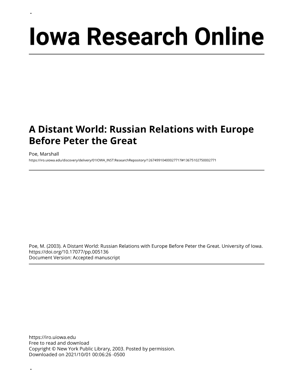 A Distant World: Russian Relations with Europe Before Peter the Great