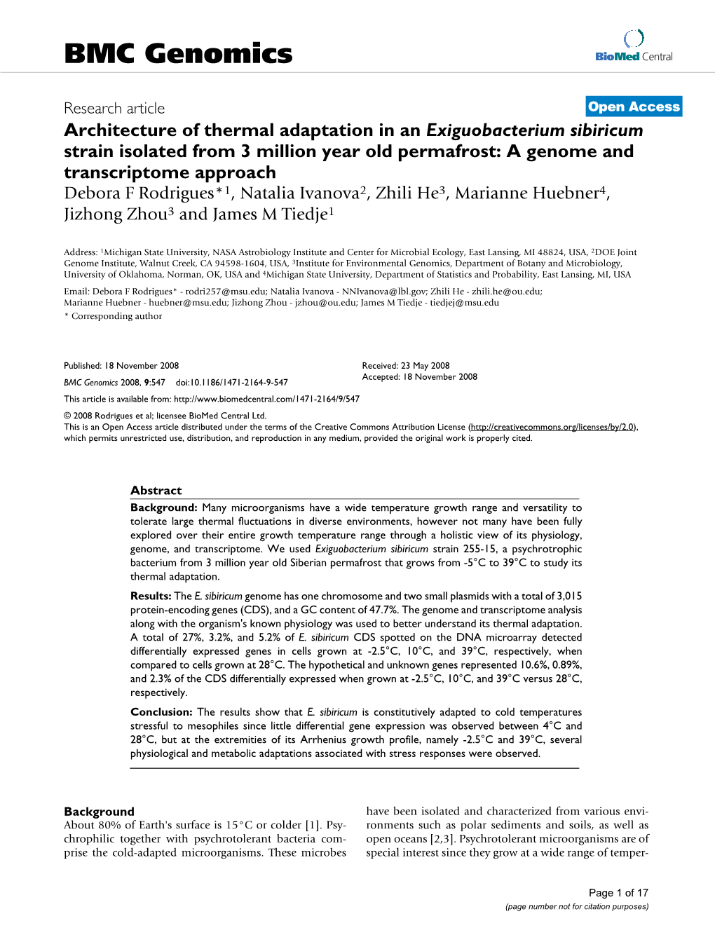 Architecture of Thermal Adaptation in an Exiguobacterium Sibiricum Strain