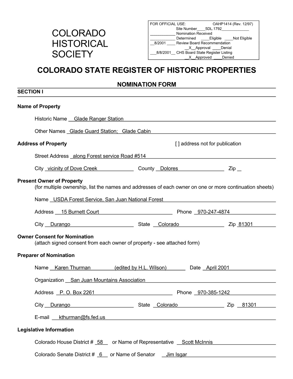 Glade Ranger Station State Register Nomination, 5DL