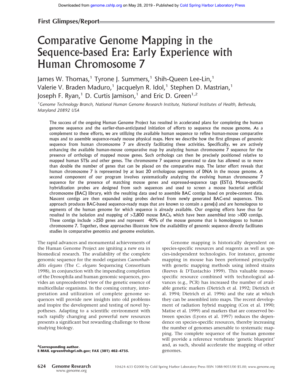 Comparative Genome Mapping in the Sequence-Based Era: Early Experience with Human Chromosome 7