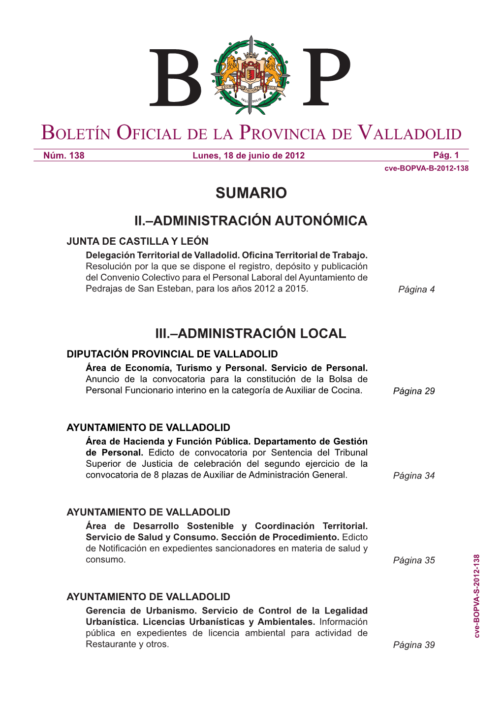 Boletín Oficial De La Provincia De Valladolid Sumario