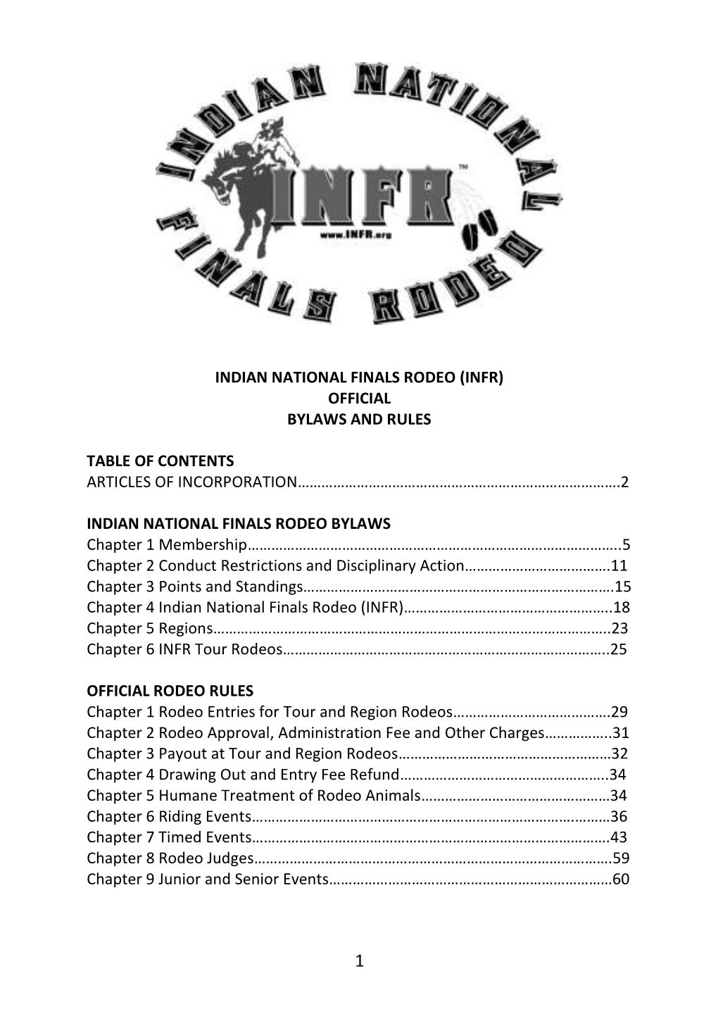 Indian National Finals Rodeo (Infr) Official Bylaws and Rules